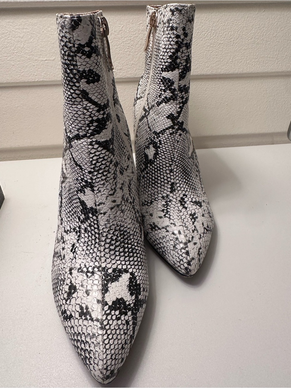 Kiss White and Black Snake Print Pointed Toe Ankle Boots